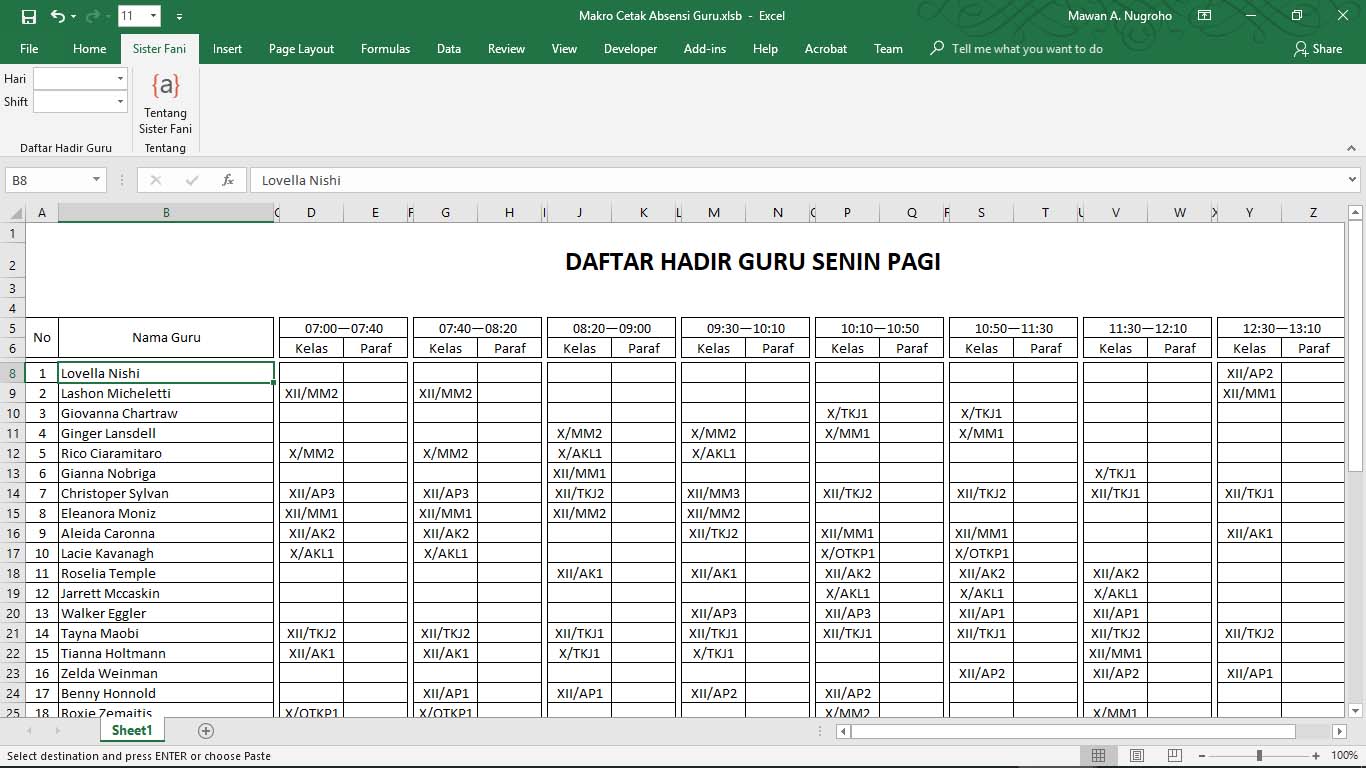 Cetak daftar hadir menggunakan Excel.